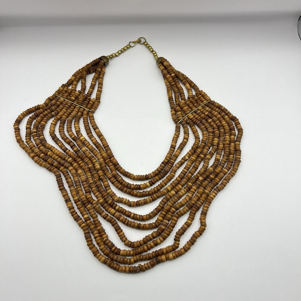 Wood Brown Bead 10-Strand Statement Necklace 12"